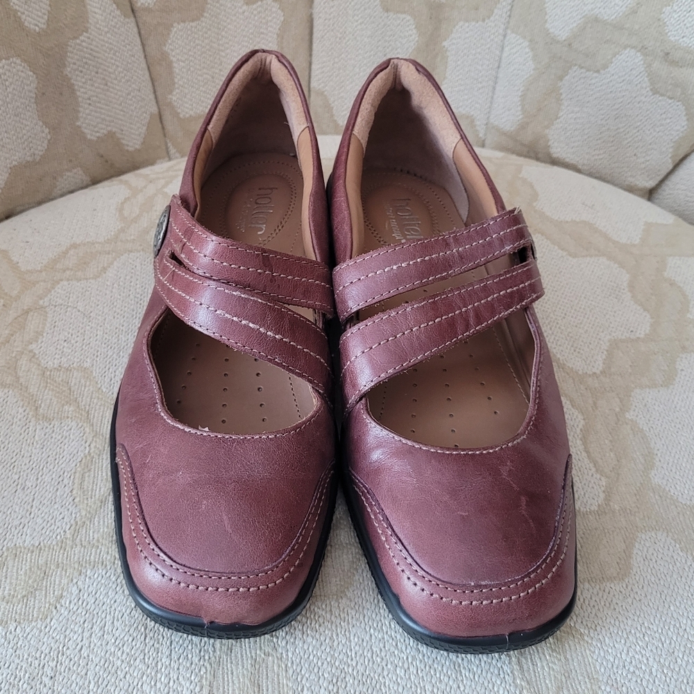 HOTTER MELISSA MARY JANE SHOES COMFORT ENGLAND STRAP WEDGE LOW HEEL BURGUNDY 8.5